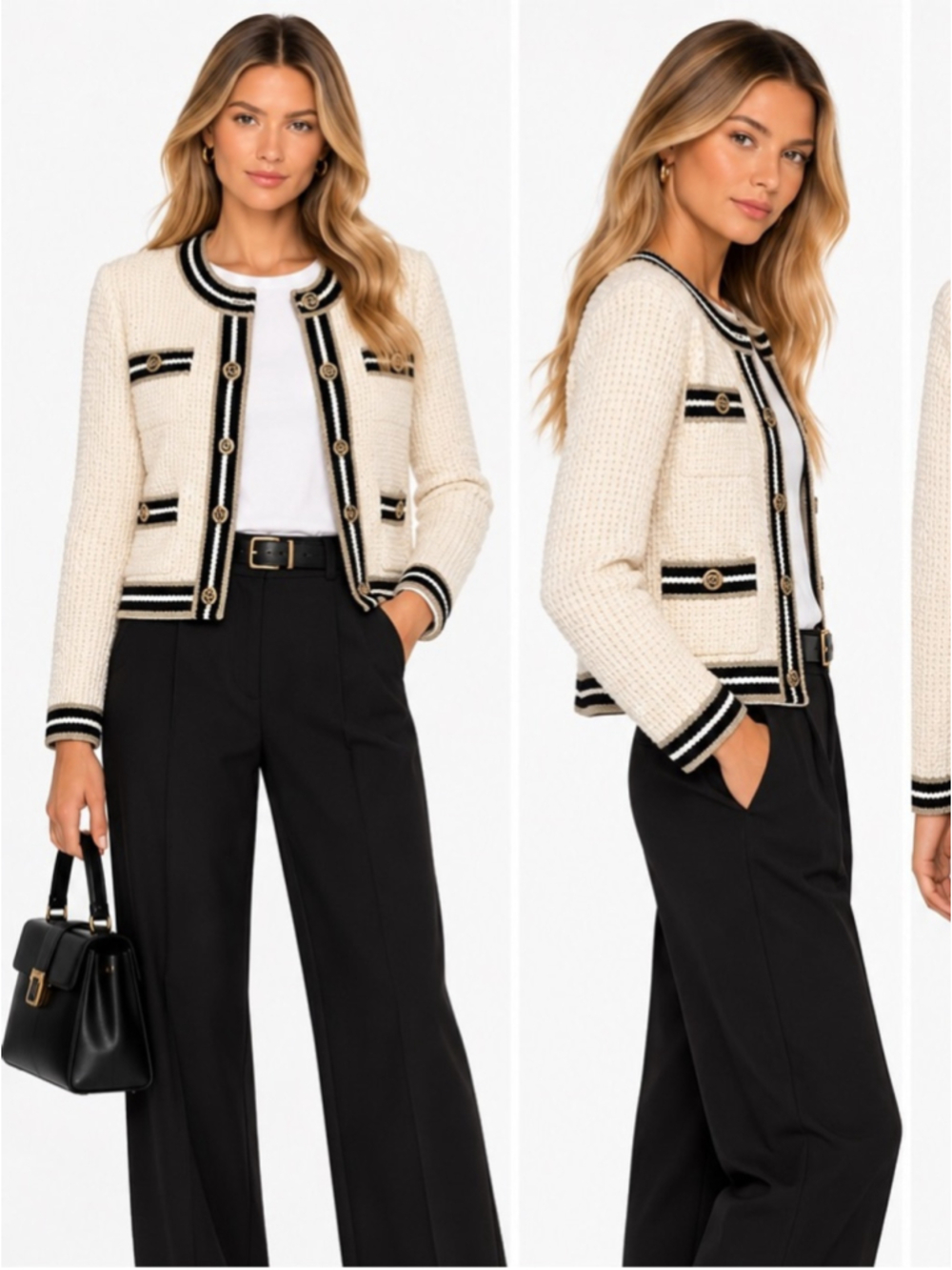 Maje Cream Bouclé Tweed Knit Cardigan Jacket Black Gold Trim Size large 3